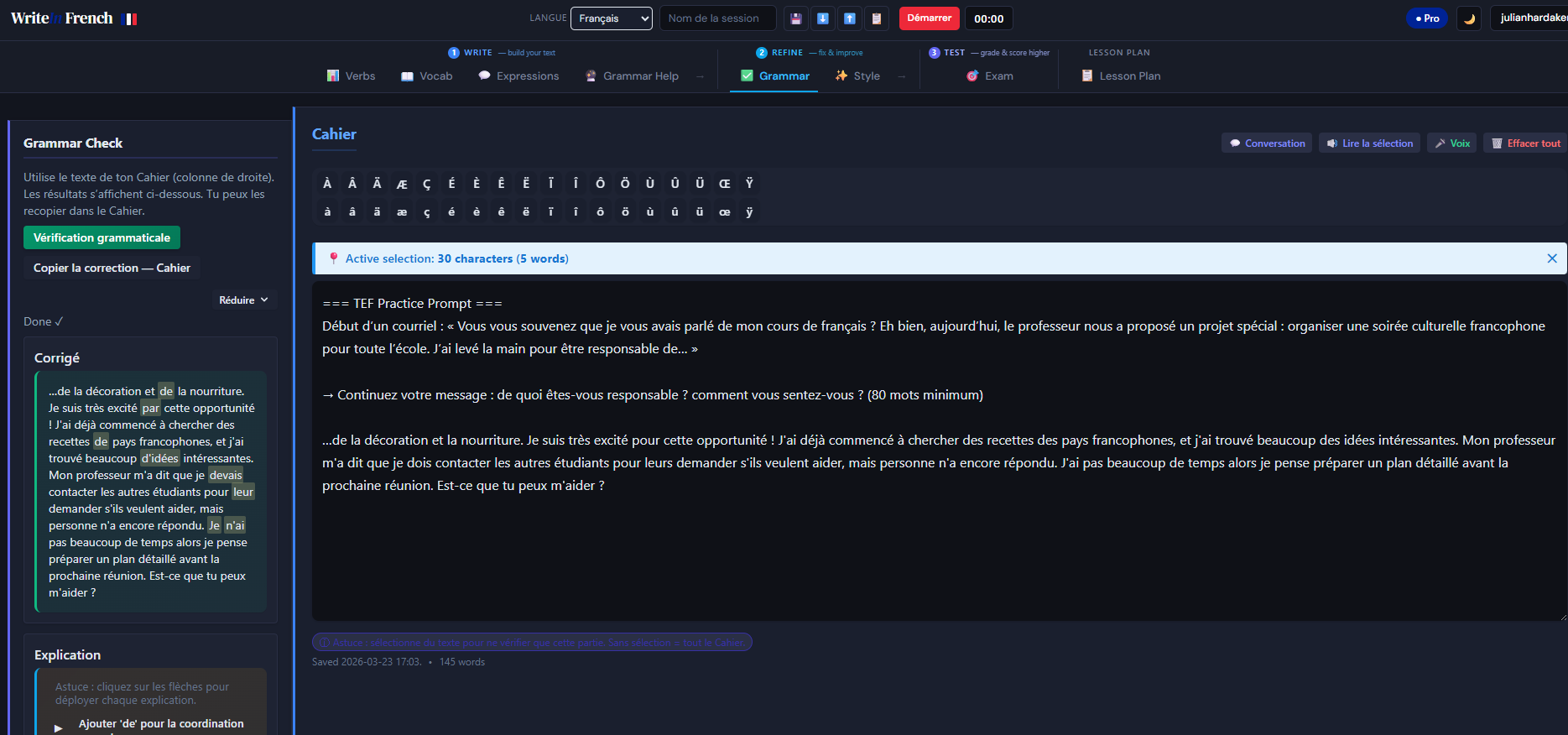 TEF TCF Canada writing practice platform interface