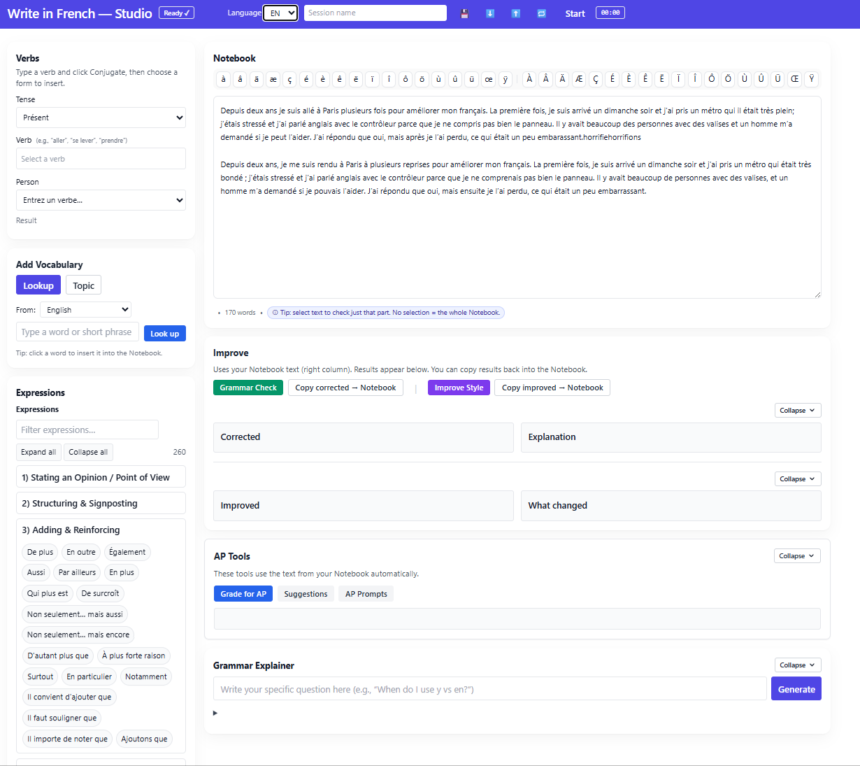 WriteIn French Studio Interface